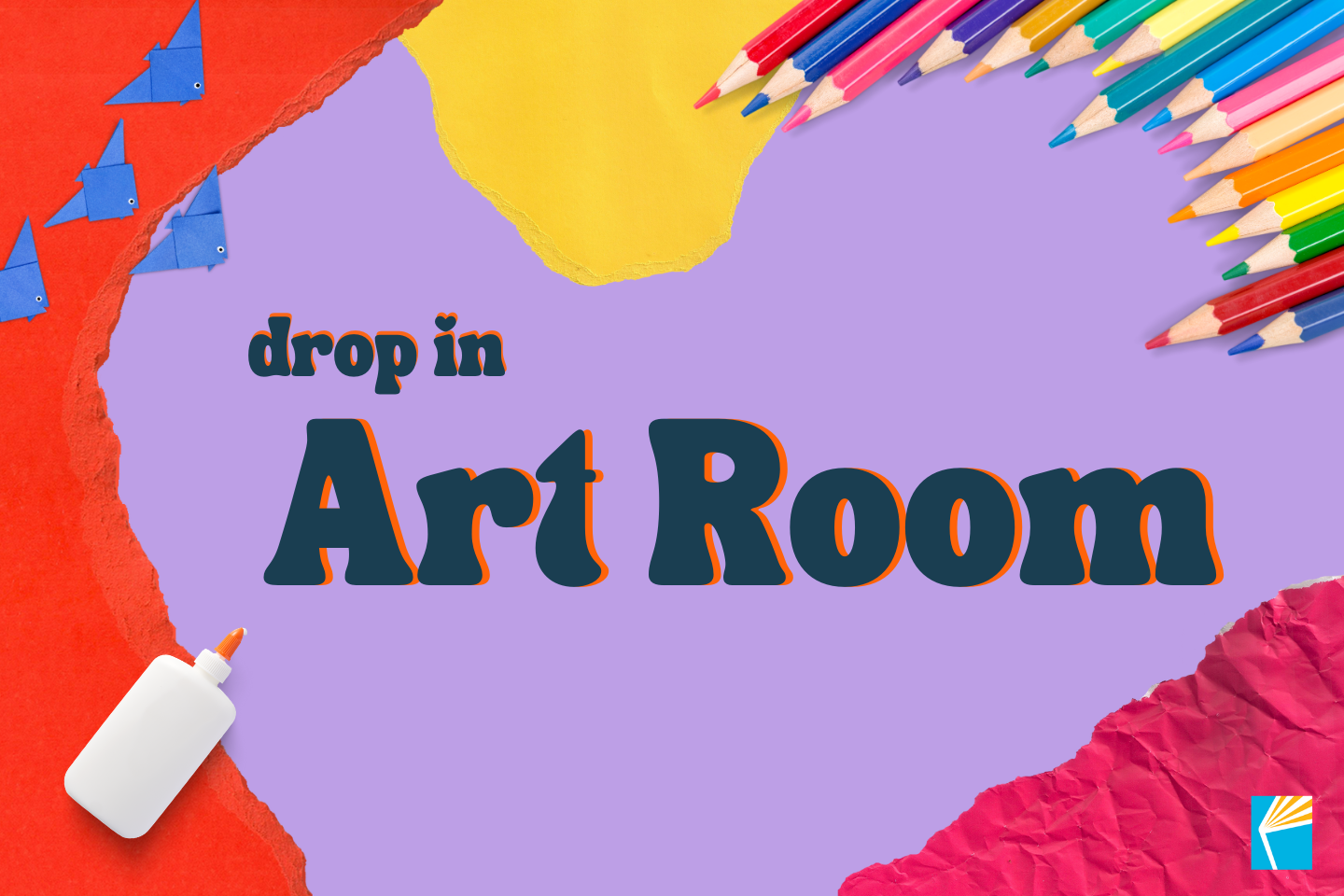 colorful graphic with program name drop in art room