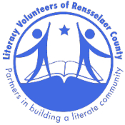 Blue and white logo of Literacy Volunteers of Rensselaer County