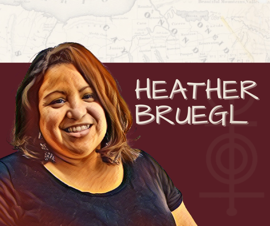 Portrait of Lecturer, Heather Breugl, citizen of the Onieda Nation and first-line descendant Stockbridge-Munsee, map of six nations NY in background