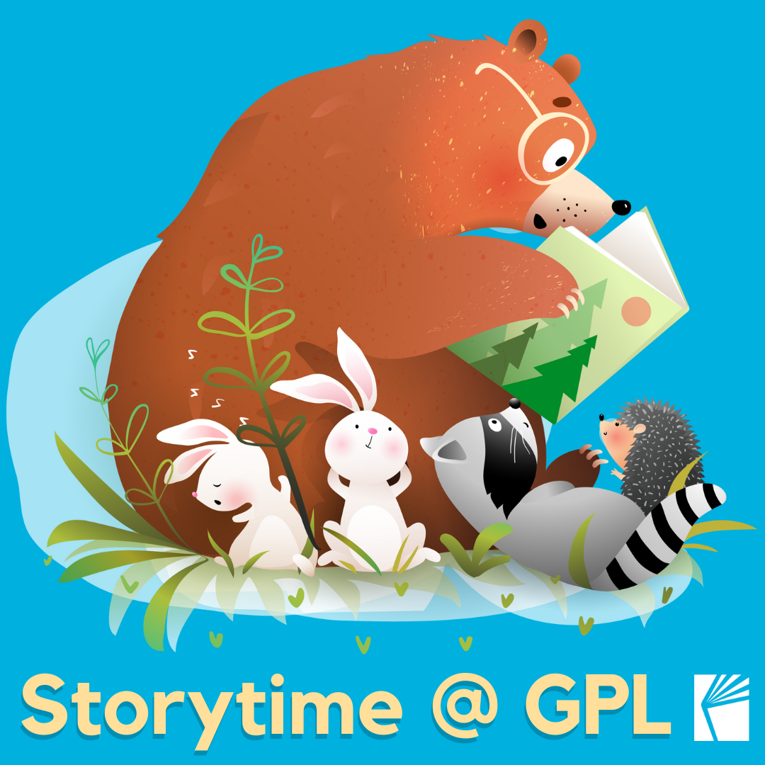 Storytime @ GPL logo - a bear wearing glasses reading a book is surrounded by smaller woodland animals