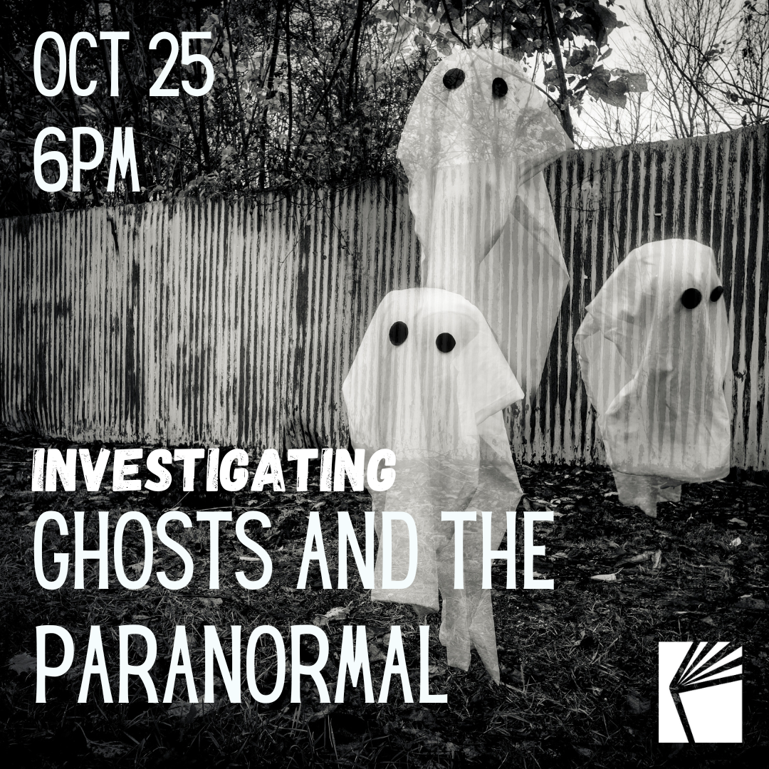 Friendly ghosts against a black and white outdoor backdrop.