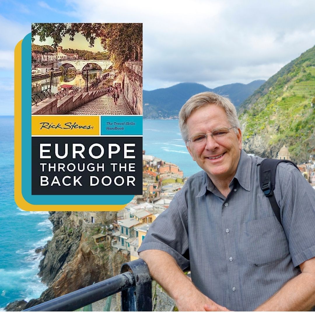 Photo of author Rick Steves next to a cover of his book, Europe Through the Back Door