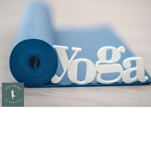 blue yoga mat with white letters spelling yoga