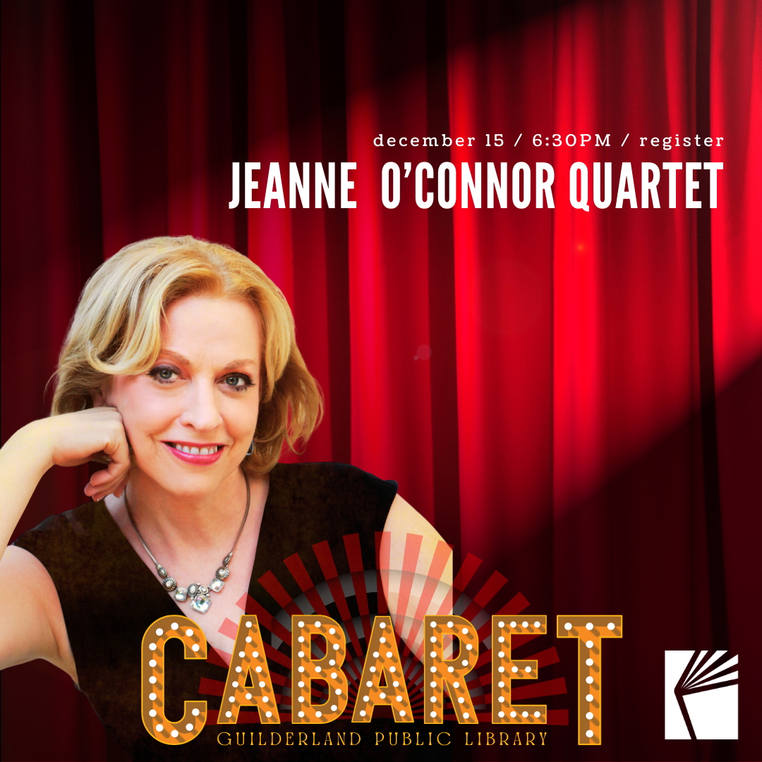 Photo of Jeanne O'Connor with red theater curtains behind her and Cabaret logo