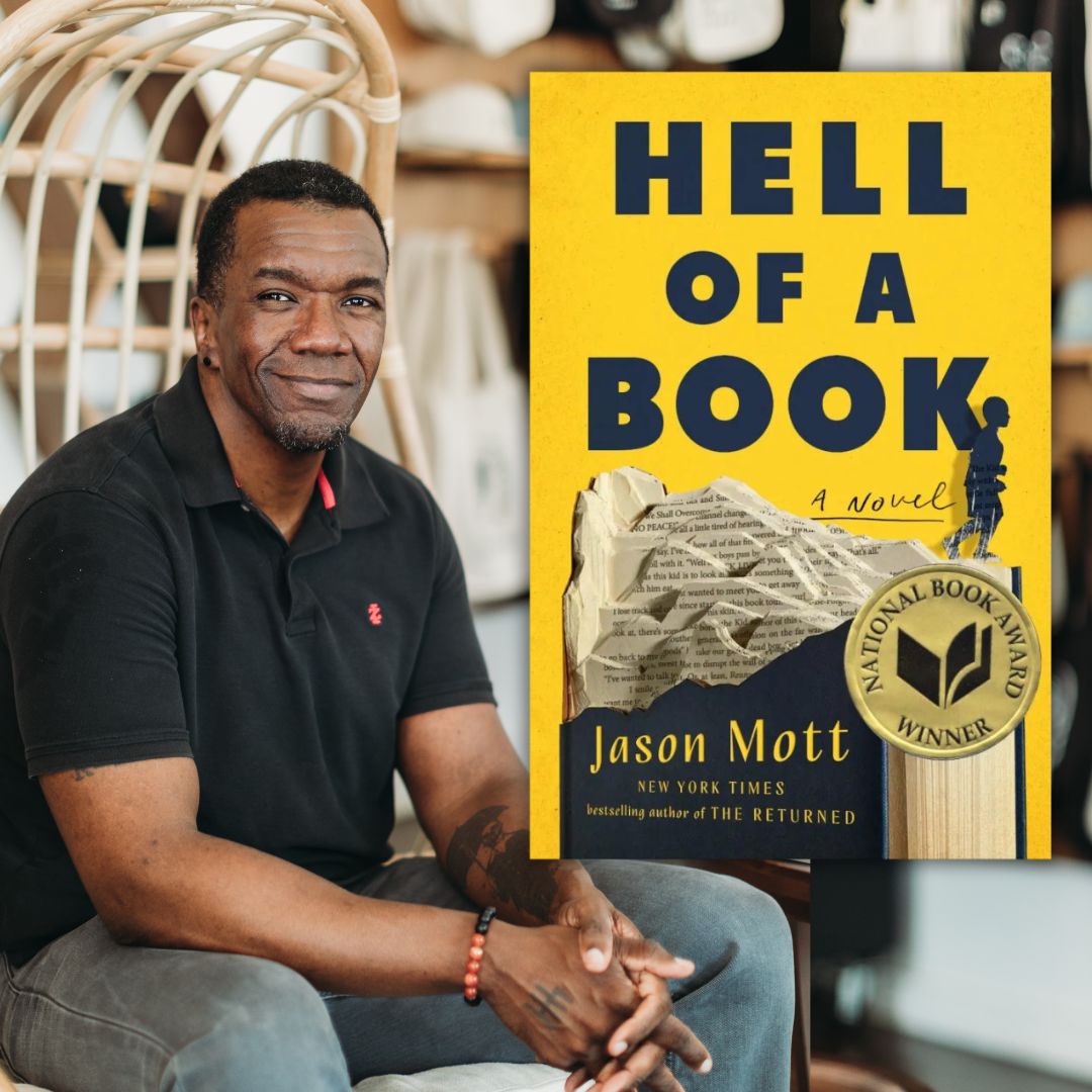Photo of author Jason Mott sitting and half smiling alongside the cover of his book Hell Of A Book