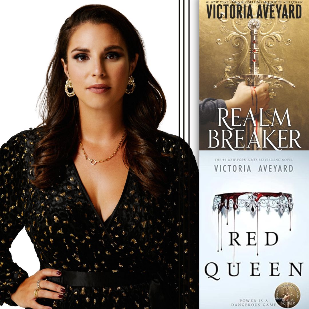 Photo of author Victoria Aveyard alongside photos of the covers of her books Realm Breaker and Red Queen