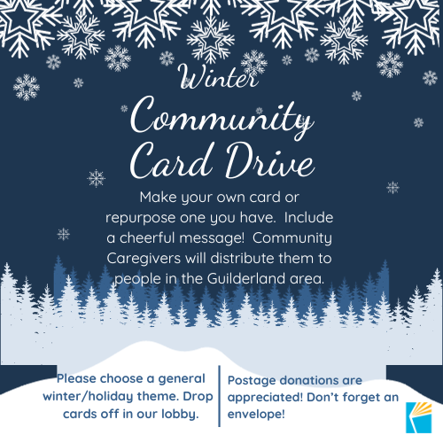 Wintry blue background with title Winter Community Card Drive