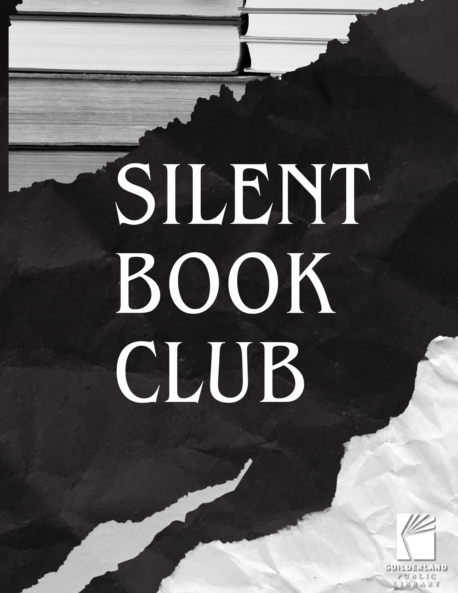 Silent Book Club on black background with books stacked in top left corner and torn page in bottom right corner