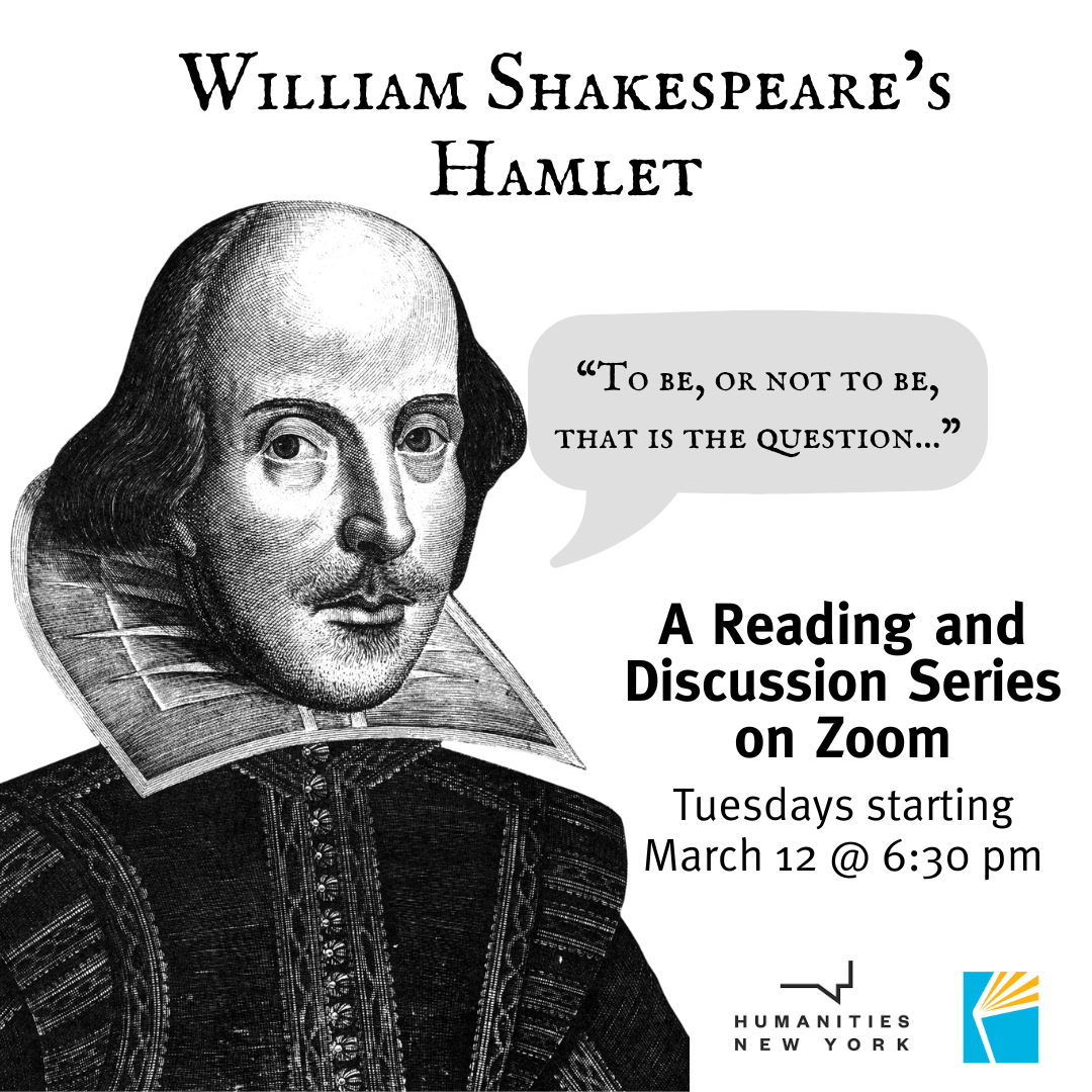 Image of Wm Shakespeare, word bubble, and date/time of program