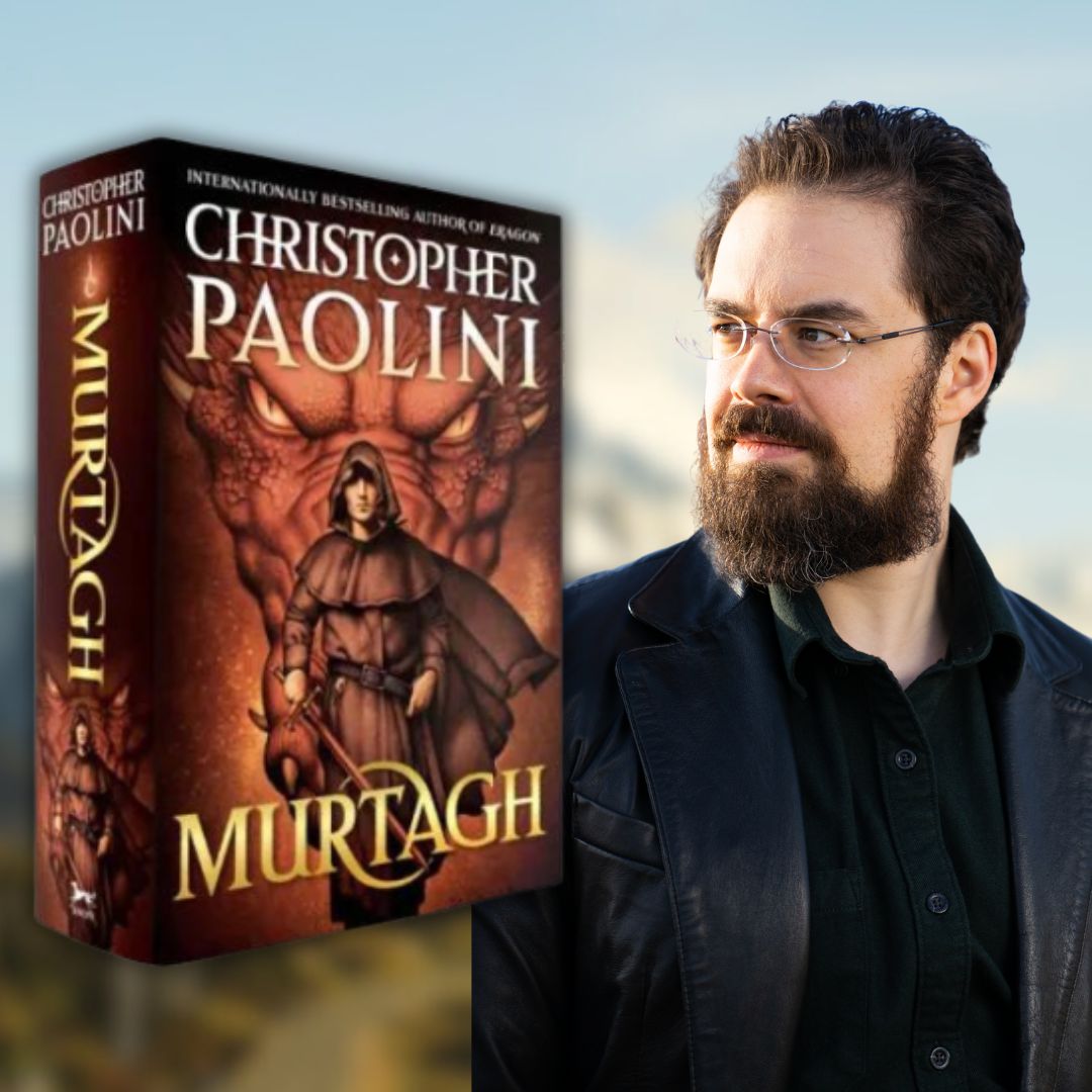 Photo of author Christopher Paolini alongside the cover of his book 'Murtagh'