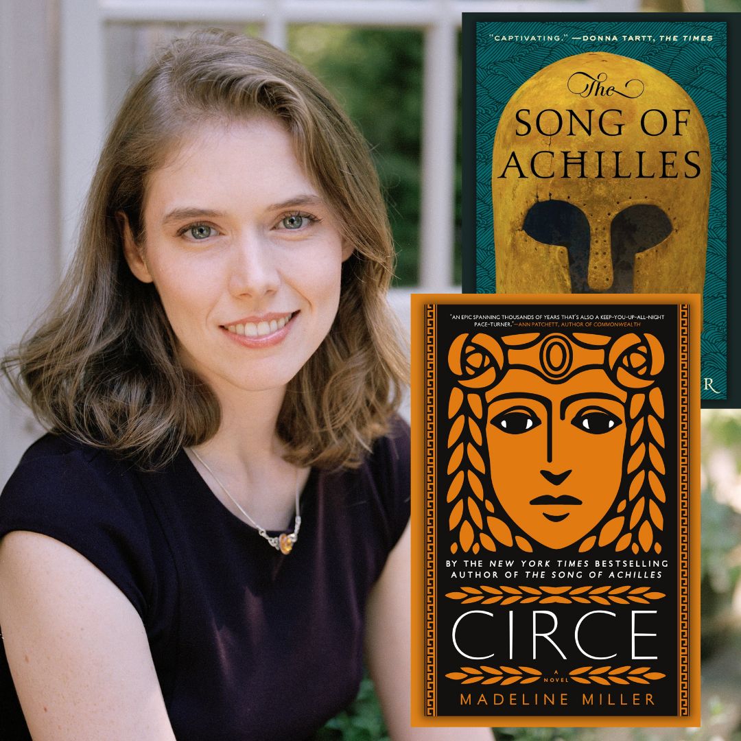 Photo of author Madeline Miller smiling alongside the covers of her books 'Circe' and 'The Song of Achilles'