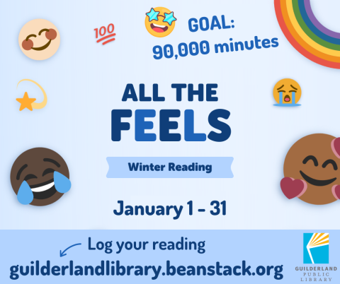 Winter Reading Challenge 2023: All The Feels promo image with emojis, challenge date, and Beanstack website