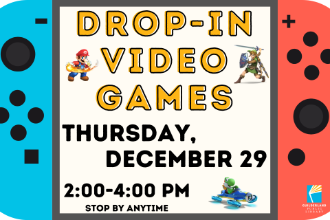 Drop-In Video Game Promo Images looks like a Nintendo Switch and lists the program's date and time. It has Mario and Link from Super Smash Bros and Luigi from Mario Kart on it.