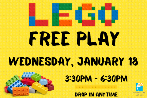 LEGO Free Play promo image with LEGO building plate background and a pile of LEGO bricks. Lists date and time of program.