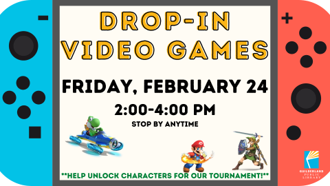 Drop-In Video Games promo image with Yoshi in racecar, Mario with fireball, and Link with sword and shield. The entire image looks like a Nintendo Switch.