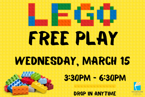 LEGO Free Play promo image with info program date and time. Background looks like a LEGO base plate. Pile of LEGO bricks in bottom, left corner.