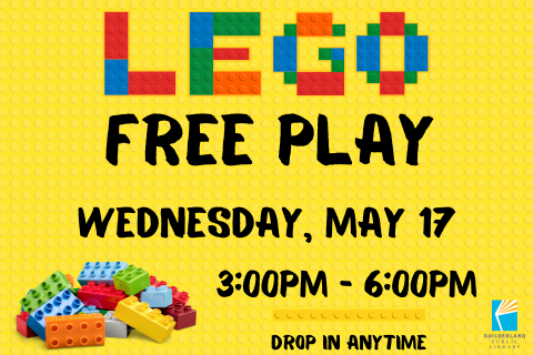 LEGO Free Play promo image with pile of LEGO bricks. States date and time of program. 