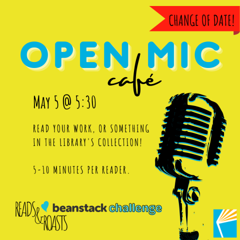 Image of microphone advertising an open mic night and change of date notice in red