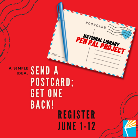 red background with image of postcard and pen announcing pen pal program in June