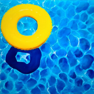 A painting of a yellow circular inner tube against a sunny pool backdrop.