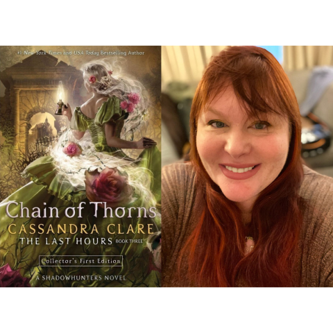 Photo of author Cassandra Clare and cover of one of her books