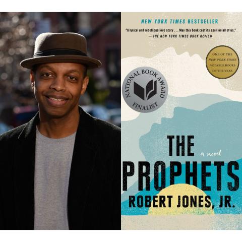 Photo of author Robert Jones, Jr., wearing a hat, and cover of his book The Prophets