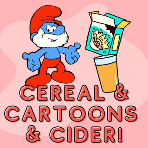 A cartoon character with a box of cereal and a glass of apple cider on a pink background.