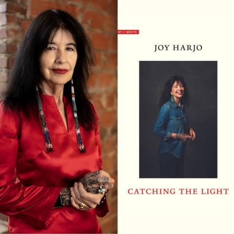 Photo of author Joy Harjo, alongside the cover of her book Catching the Light