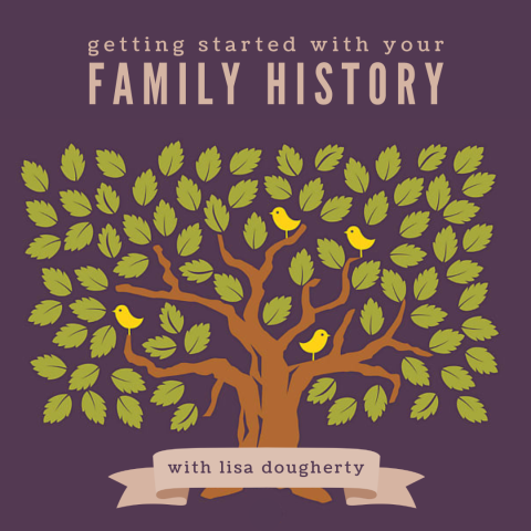 purple background with brown tree green leaves and 4 small yellow birds promoting a genealogy workshop