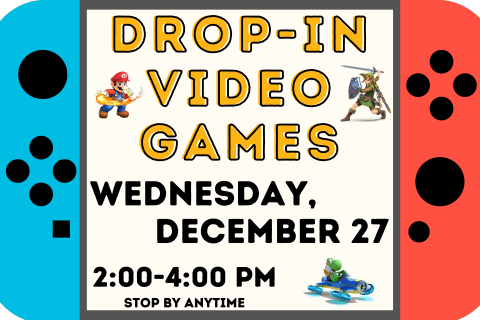 Drop-In Video Games promo image with Yoshi in racecar, Mario with fireball, and Link with sword and shield. The entire image looks like a Nintendo Switch.