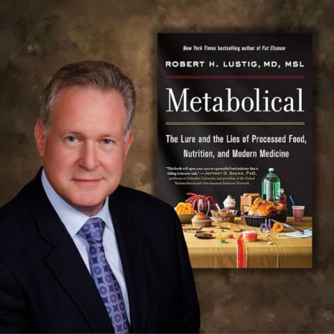 Photo of author Robert Lustig alongside the cover of his book Metabolical