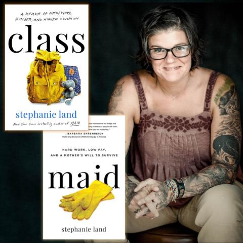 Photo of author Stephanie Land alongside the covers for her books Class and Maid