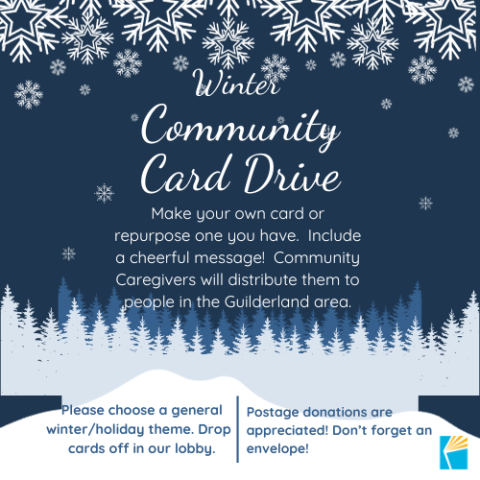 Wintry blue background with title Winter Community Card Drive