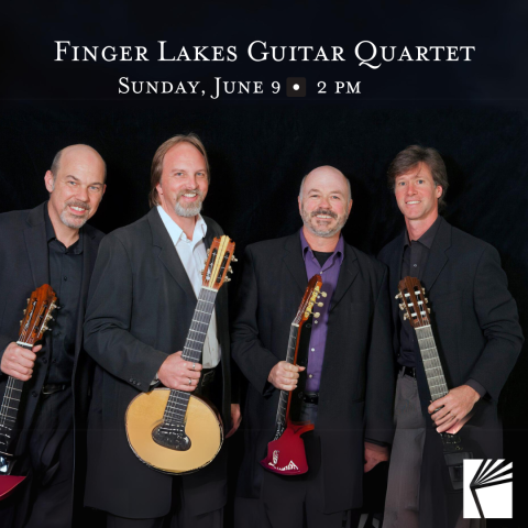 Photo of four guitar players holding instruments with title/date of program