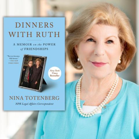 Photo of author Nina Totenberg smiling alongside the cover of her book 'Dinners With Ruth'