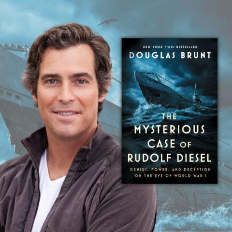 Photo of author Douglas Brunt alongside the cover for his book 'The Mysterious Case of Rudolph Diesel'
