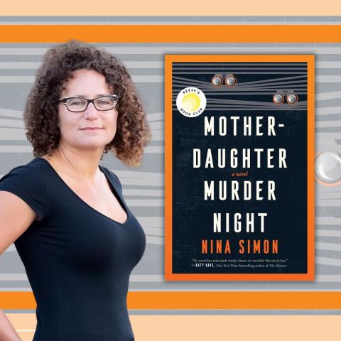 Photo of author Nina Simon alongside the cover of her book 'Mother-Daughter Murder Night'