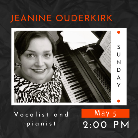 Photo of Jeanine next to piano, date/time/title of program