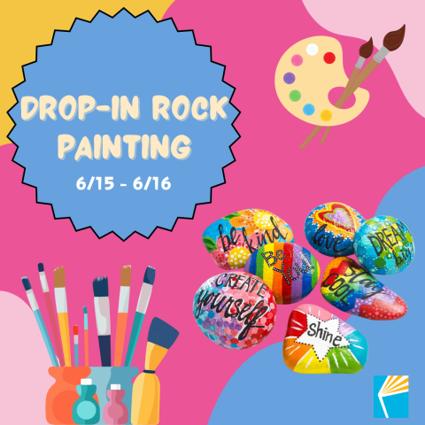 Drop-in Rock Painting promotional image with painted rocks and paintbrushes and many colors
