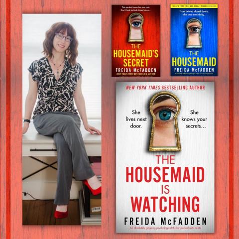 Photo of author Freida McFadden smiling, alongside the covers of 3 of her books