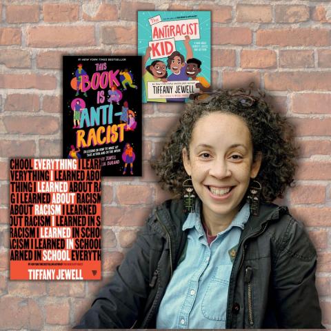 Photo of author Tiffany Jewell smiling, alongside the covers of 3 of her books