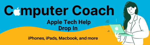 Computer Coach Apple Help Drop In; Blue Background; Woman holding laptop