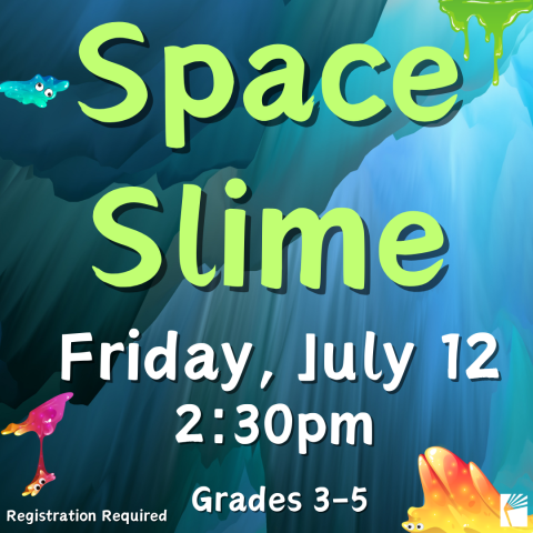 Space Slime promo image. A cartoon-like cavern ceiling with green slime dripping form the top, right corner. Also, bright orange slime with eyeballs in the bottom right corner, bright pink slime with eyeballs hanging from the ceiling, and a blob of bright blue slime with eyes stuck to the ceiling.