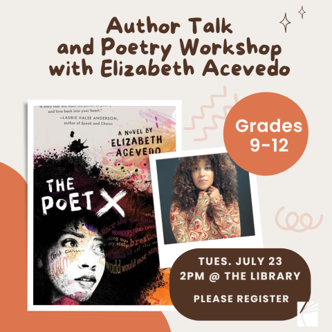 An orange, brown, and cream colored promo image with an inset image of the cover of the book The Poet X and an image of author Elizabeth Acevedo