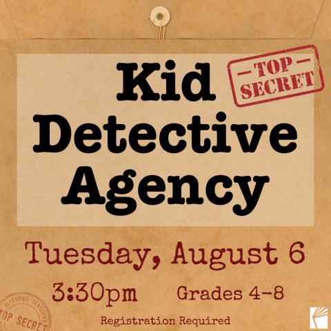 Kid Detective Agency promo image that looks like an old manila envelope. The words look like they are type written and there the words "Top Secret" are stamped in the top right and bottom left corners.