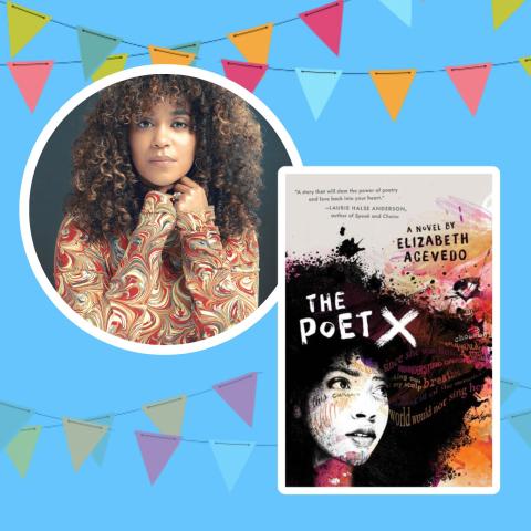 Photo of author Elizabeth Acevedo next to the cover of her book 'The Poet X'