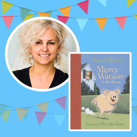 Photo of author Kate DiCamillo alongside the cover of her book 'Mercy Watson'