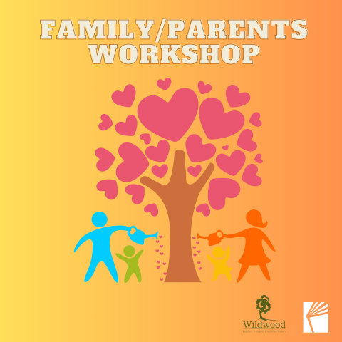 family parents workshop yellow to orange background tree with hearts for leaves family watering it 