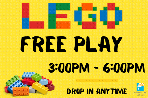 LEGO Free Play 3-6pm promo image with a yellow LEGO building plate background and a pile of colorful LEGO blocks of various sizes in the bottom left corner