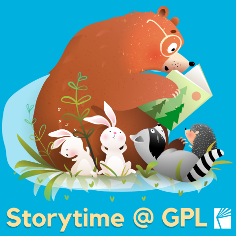 Storytime @ GPL logo. Brown bear with round yellow glasses reading a book to two white bunnies, a racoon, and a hedgehog.